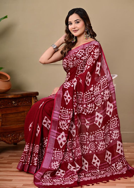 Bagru Handblock Print Linen Saree