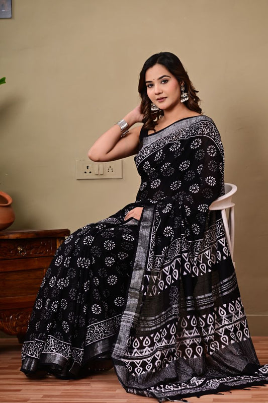 Bagru Handblock Print Linen Saree