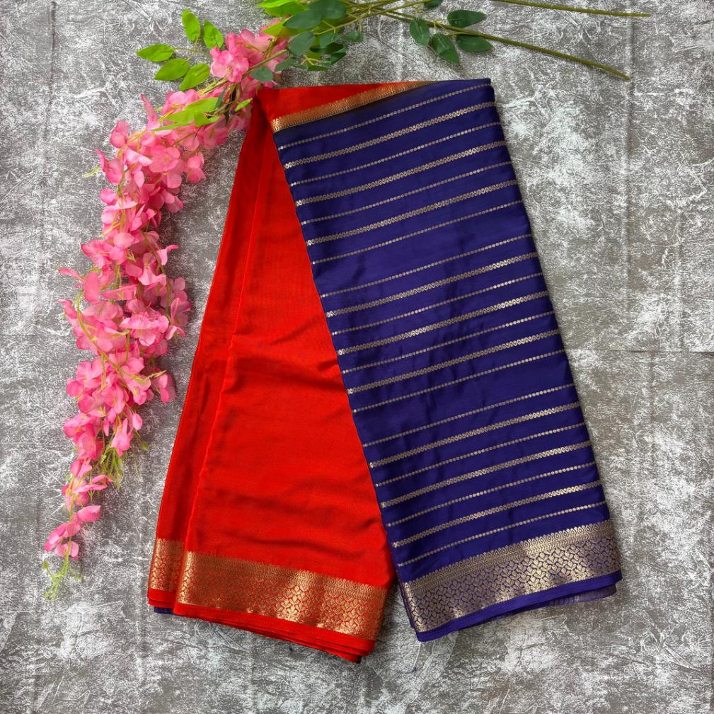 Deep orange and blue premium semi mysore crape saree