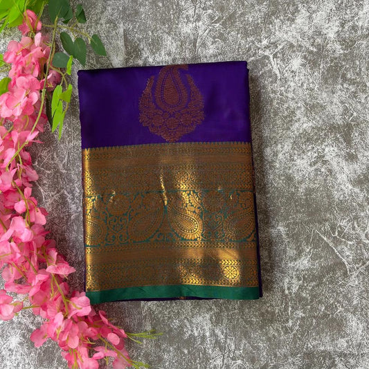 Purple and green semi kanchi saree