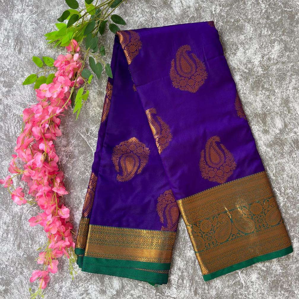 Purple and green semi kanchi saree