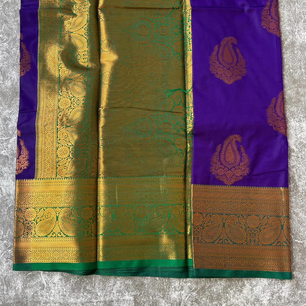 Purple and green semi kanchi saree