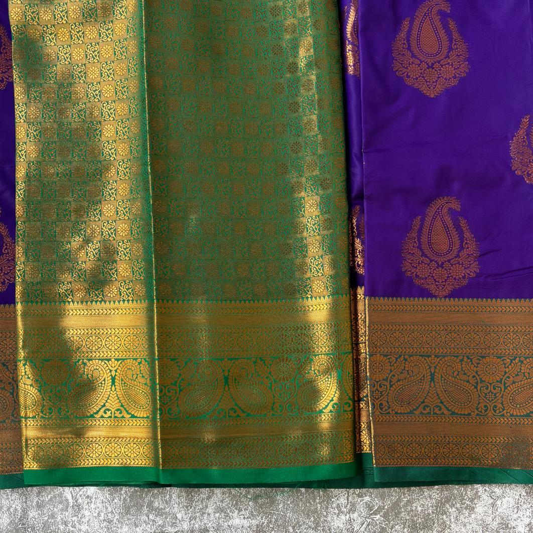 Purple and green semi kanchi saree