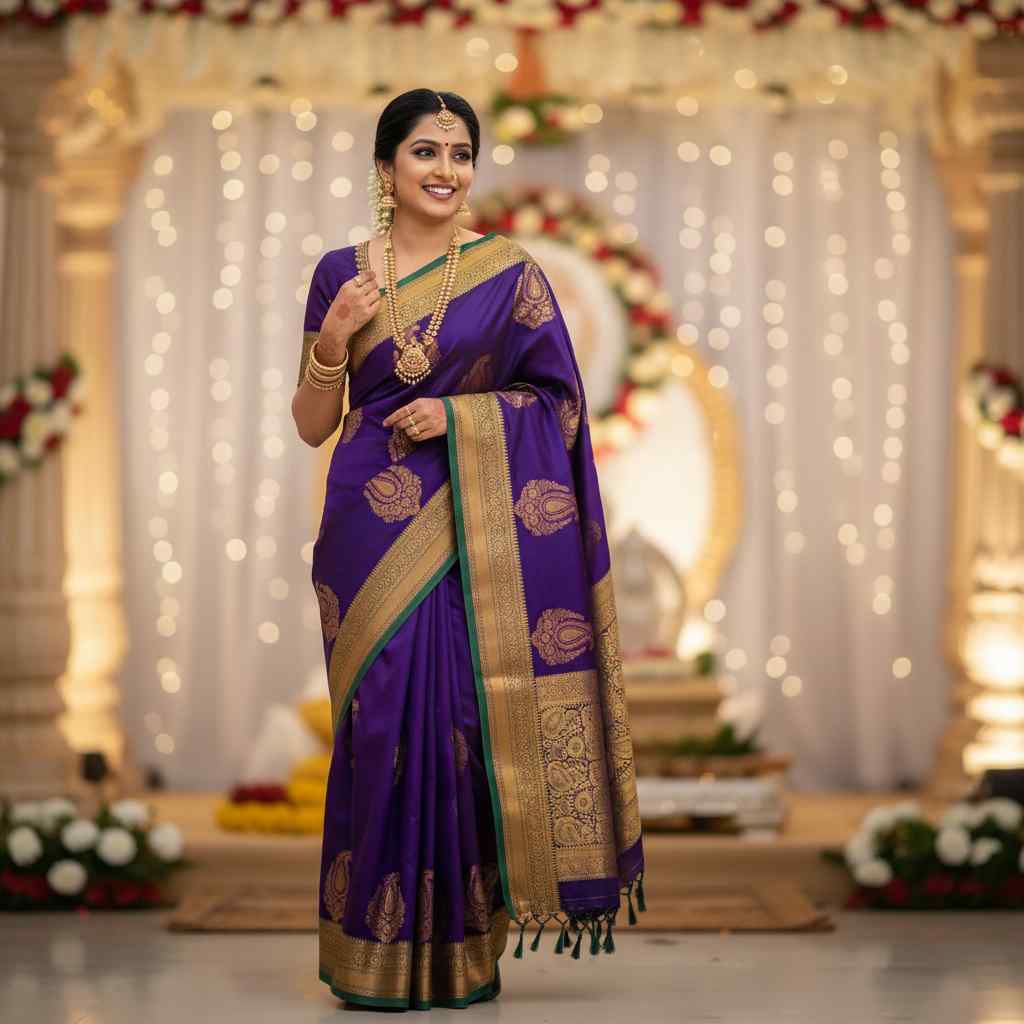 Purple and green semi kanchi saree
