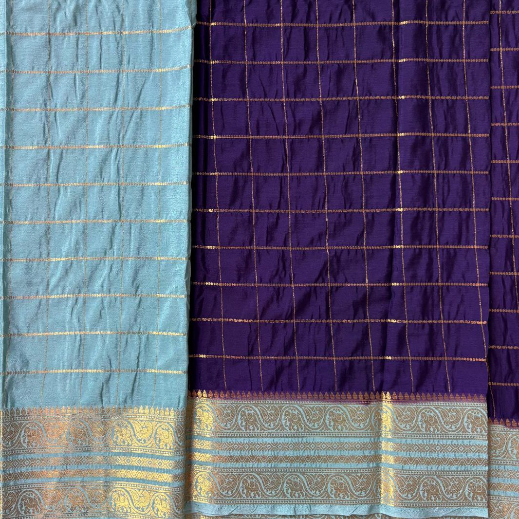 Blue and Mint green checks Mysore crape silk semi
