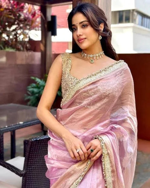 Janhvi Kapoor Inspired Soft Tissue Silk Saree with Handmade Cutwork Laces - Onion Pink