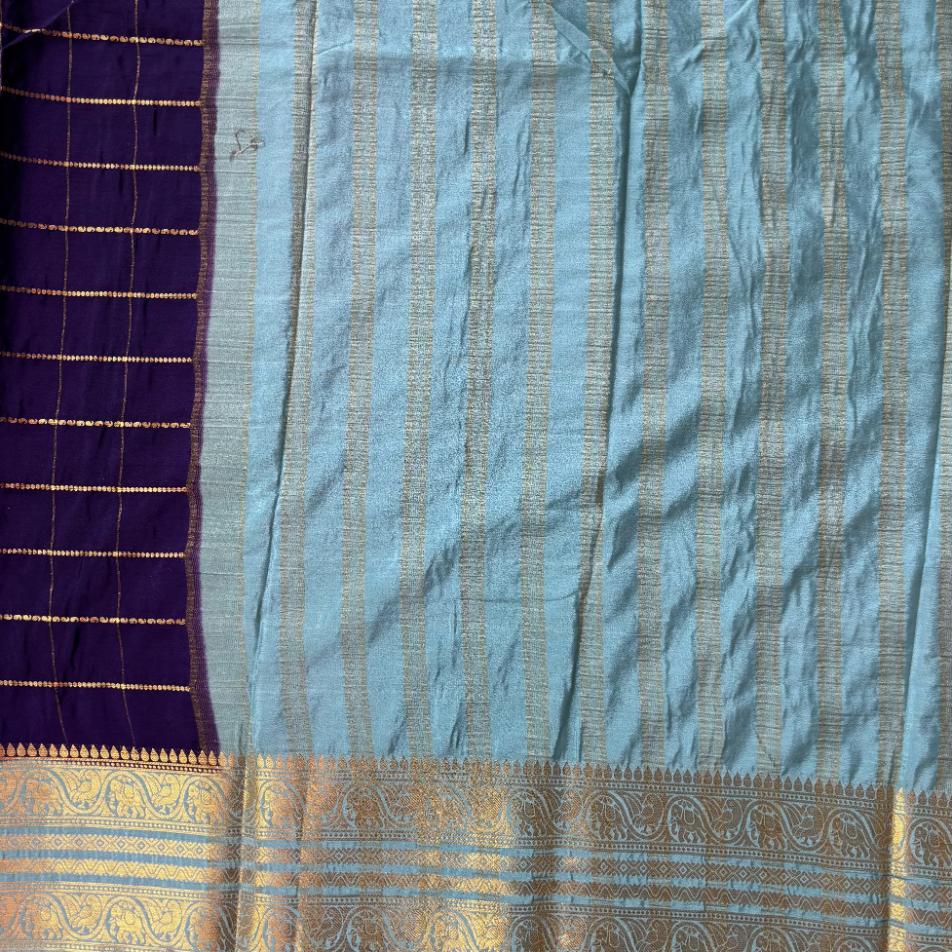 Blue and Mint green checks Mysore crape silk semi